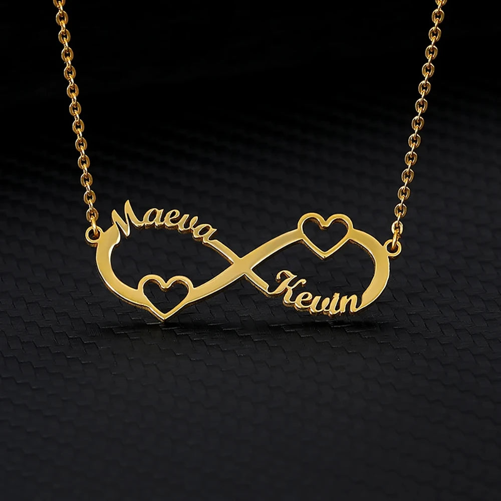 Colliers infini personnalisés à Double cœur et deux noms pour femmes, pendentif en acier inoxydable, bijoux personnalisés, cadeau