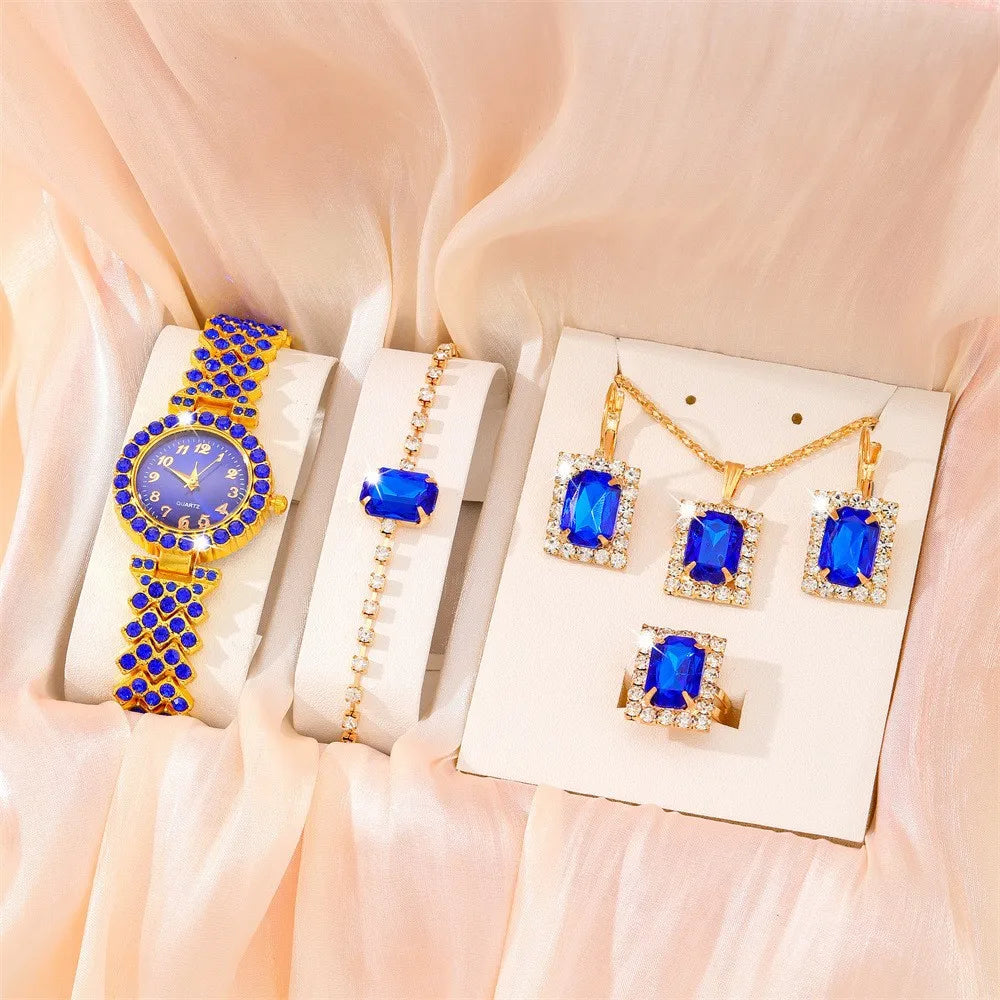 6 pièces/ensemble montre pour femme mode plein diamant Bracelet en acier pointeur montre à Quartz collier Bracelet boucles d'oreilles ensemble de bijoux (sans boîte)