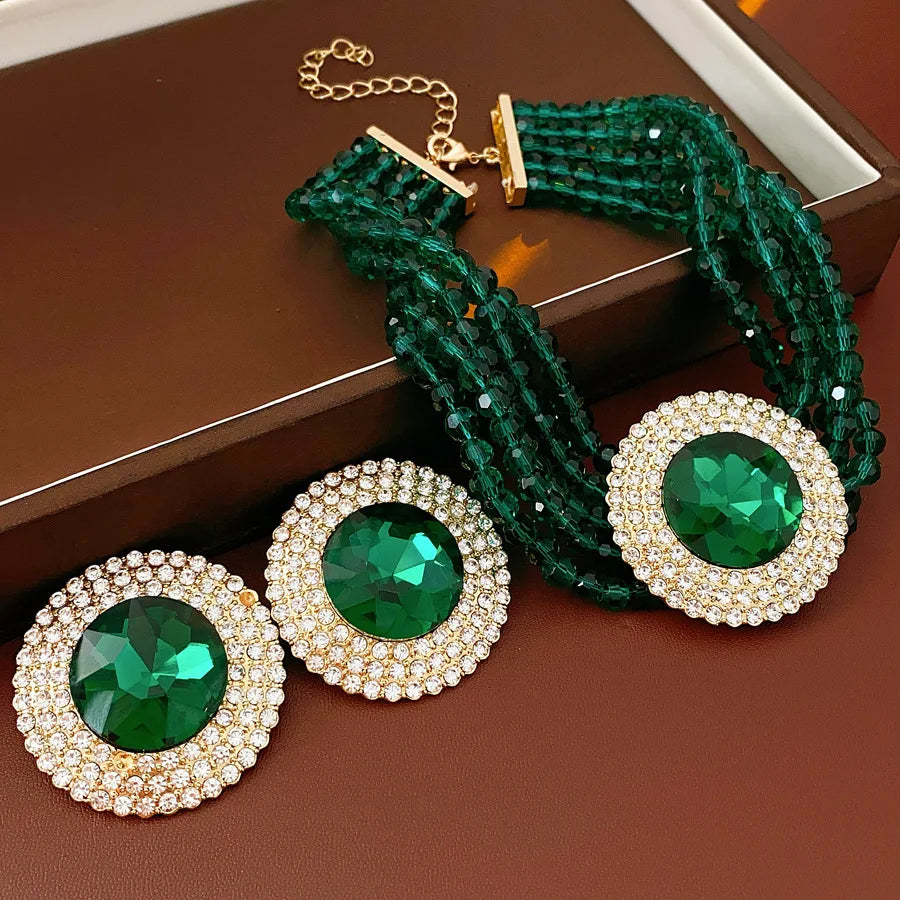 Ensemble de bijoux ronds en verre strass incrusté vert pour femmes, collier, lumière émeraude, luxe, chaîne de clavicule, boucles d'oreilles, ensemble de mariage