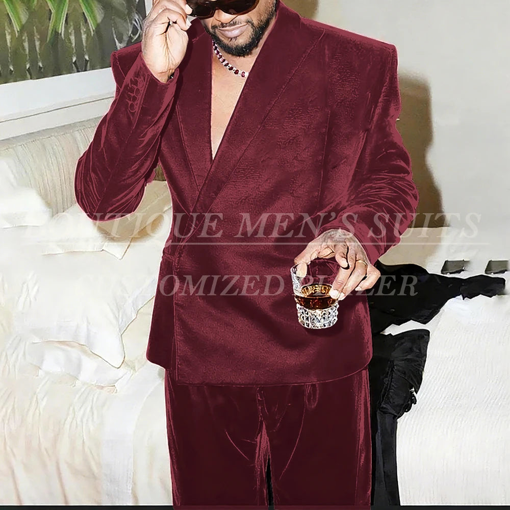 Costumes décontractés en velours pour hommes, mode rouge, longueur régulière, 2 pièces, veste et pantalon, tenues personnalisées, vêtements quotidiens pour hommes, Blazer