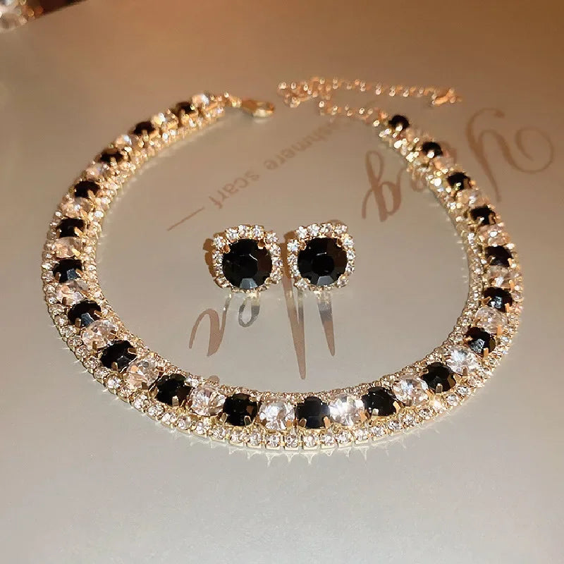 Ensemble collier et boucles d'oreilles en cristal de luxe pour femmes, ensembles de bijoux, accessoires, champagne, vert, bleu, noir, fête de mariage