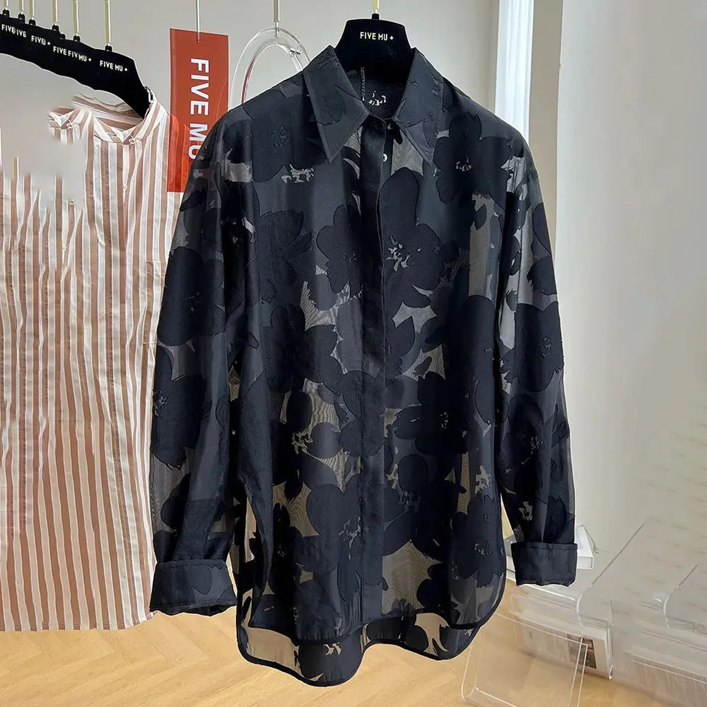 Chemise à manches longues pour hommes, coupe florale,transparent dentelle  ajourée, décontractée, hawaïenne, Streetwear, 2026