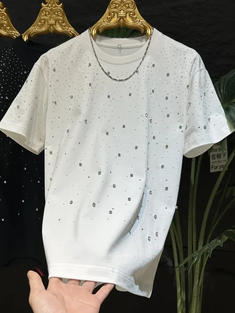 T-shirts chaud diamant Rivets ciel étoilé à manches courtes pour hommes de luxe polyvalent