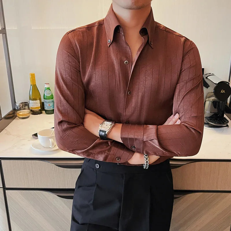 Chemise style  coréen pour homme vêtements De luxe haute qualité rayures foncées à manches longues coupe ajustée
