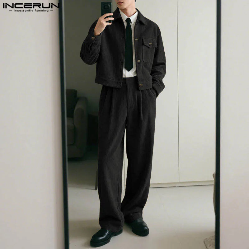 Hommes ensembles velours côtelé couleur unie revers manches longues vestes et pantalons deux pièces ensembles