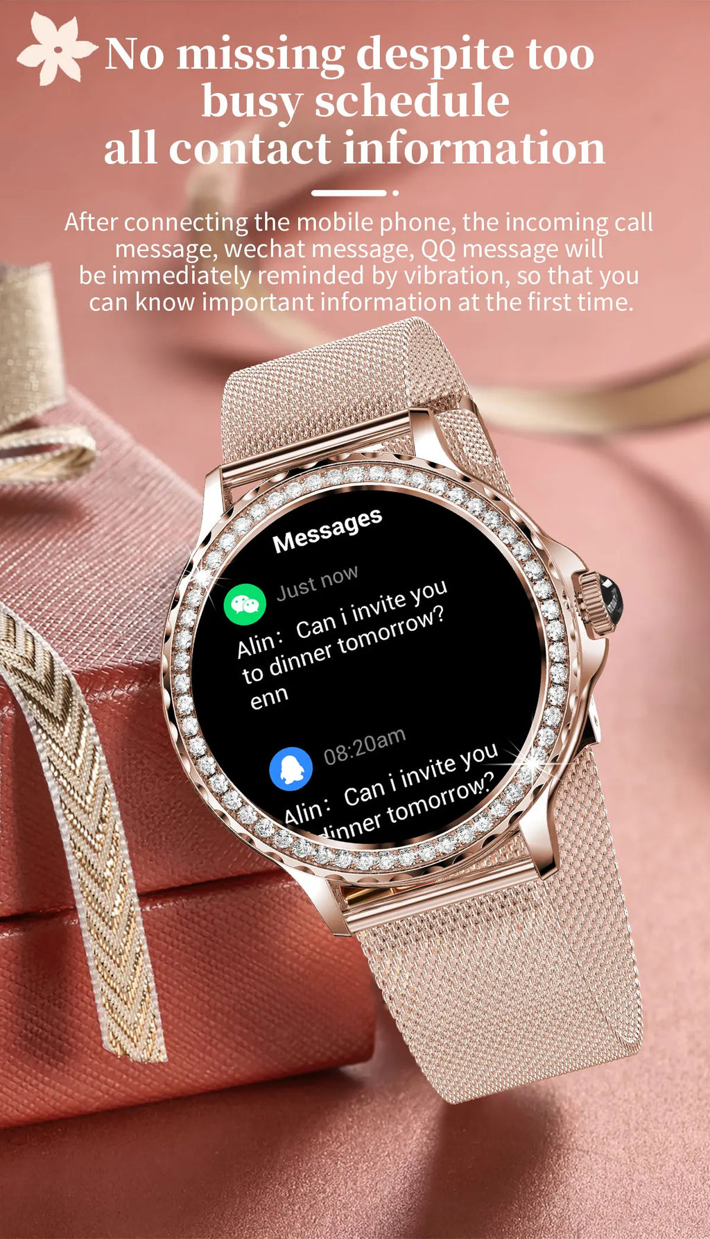 Montre intelligente diamant femme bracelet en métal 1.3 pouces écran HD appels Bluetooth moniteur de santé décoration de mode montre-bracelet