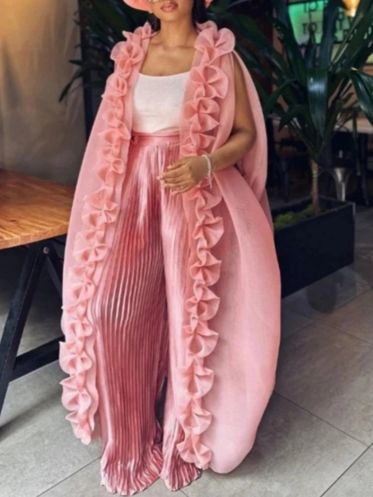 Ensemble deux pièces  élégant à volants, sans manches, Cape caftan ample, taille haute, jambes larges, pantalon plissé, nouveau2026
