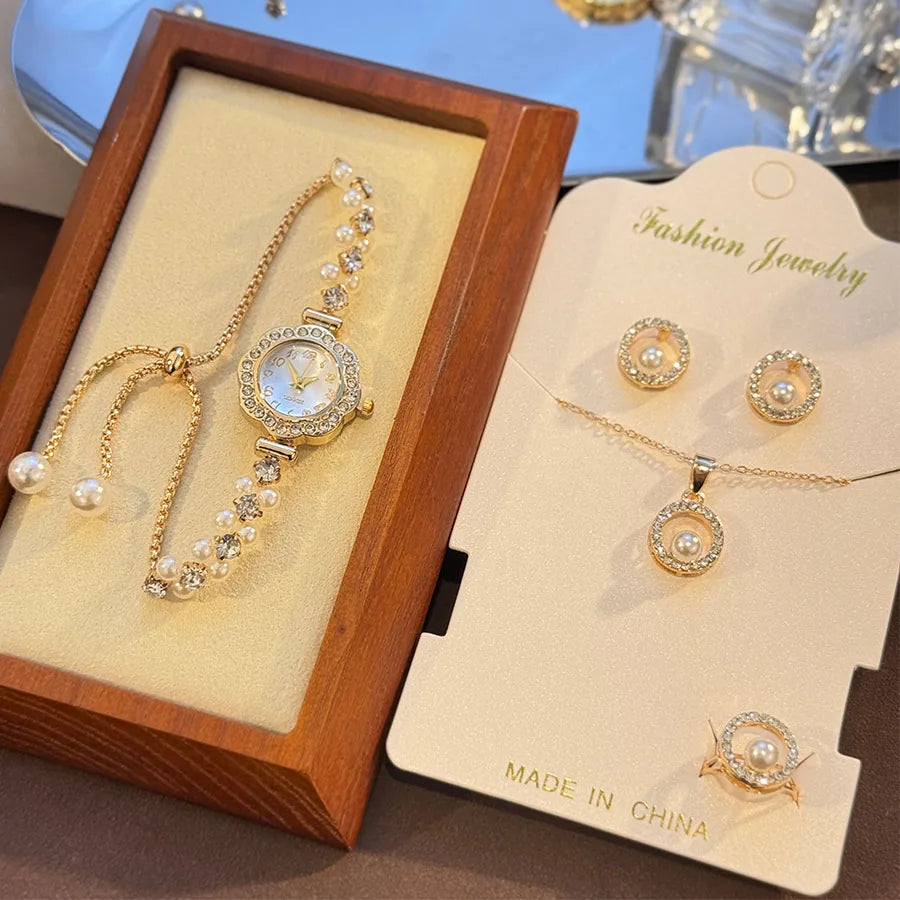 Ensemble Montre de luxe en diamant incrusté de perles pour femmes, cadeau pour femmes, collier, boucles d'oreilles, bague, montre-bracelet élégante, Suite de quatre pièces