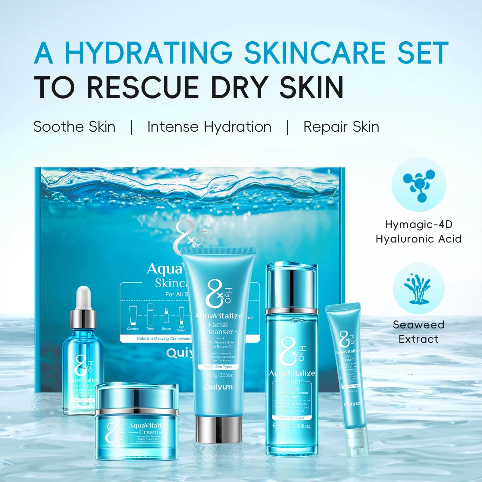 QUIYUM 8X H2O AquaVitalize ensemble de soins de la peau 5 pièces Kit d'hydratation profonde lissage des rides traitement de serrage coffret cadeau