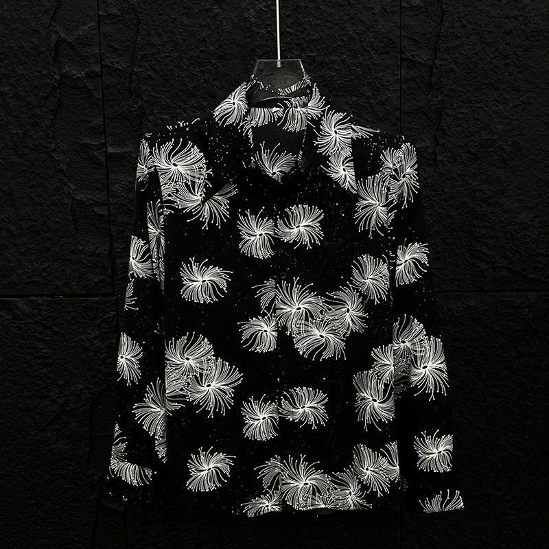 Mode coréenne brillant paillettes à manches longues en mousseline De soie chemises homme femme Vintage rembourré épaule imprimé chemise Camisas De Hombre