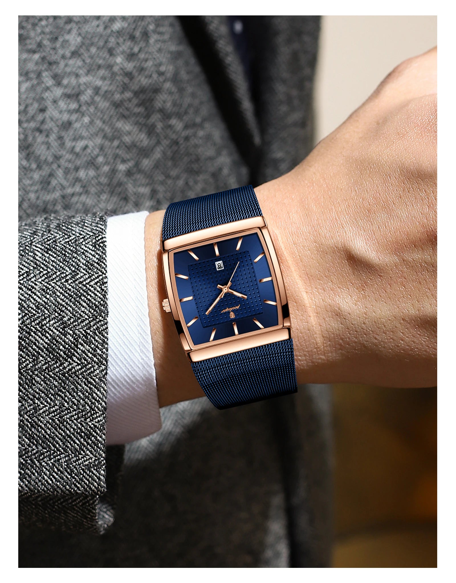 Top luxe hommes montre en acier inoxydable maille Date étanche lumineux homme montre-bracelet décontracté Rectangle Quartz hommes montres