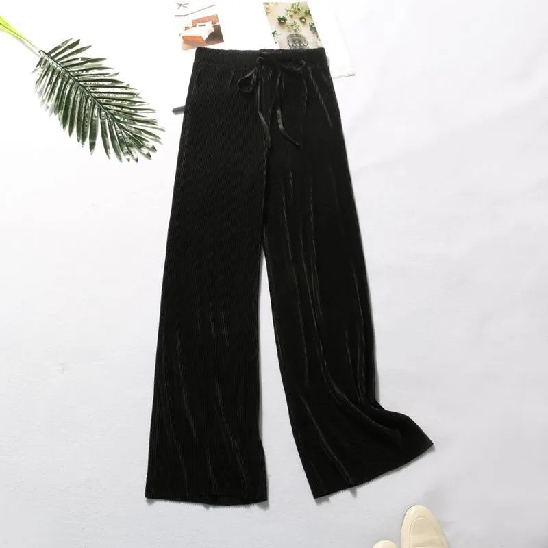Pantalon d'été plissé en soie pour femmes, couleur unie, taille élastique, jambes larges, décontracté, en mousseline de soi
