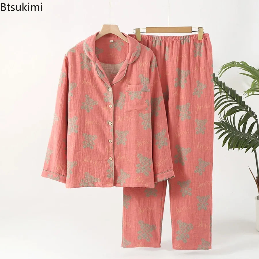 Pyjama rétro Double couche en pur coton pour femmes, ensemble deux pièces à manches longues, vêtements de maison, vêtements de nuit nouvelle collection 2026