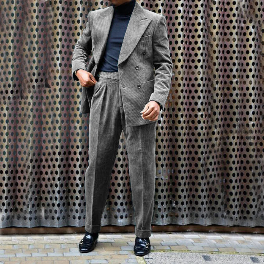Ensemble Veste et pantalon en velours côtelé pour hommes, tenue de mariage décontractée, double boutonnage, revers Entièrement trempé, 2 pièces