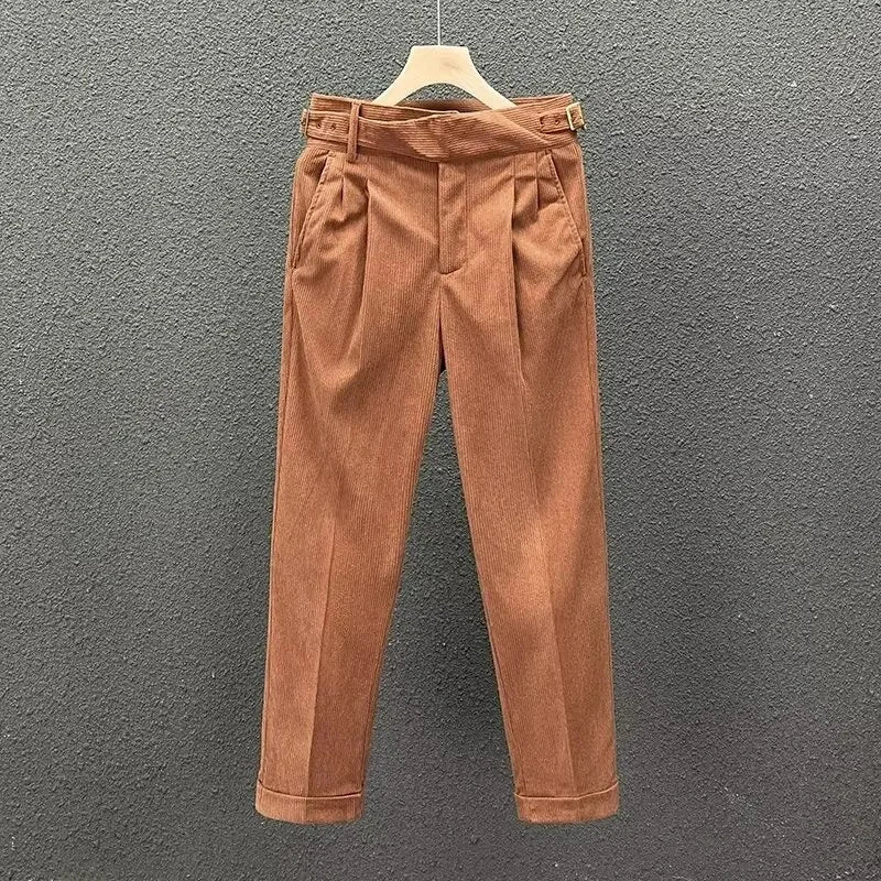 Pantalon de costume en velours côtelé taille haute, Style italien, revers, jambe droite, mode automne hiver,Design Naples Vintage