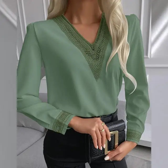 Chemise élégante en dentelle pour femmes, col en v, mode automne décontractée, bureau, pull blanc, manches longues, chemise ample pour dames