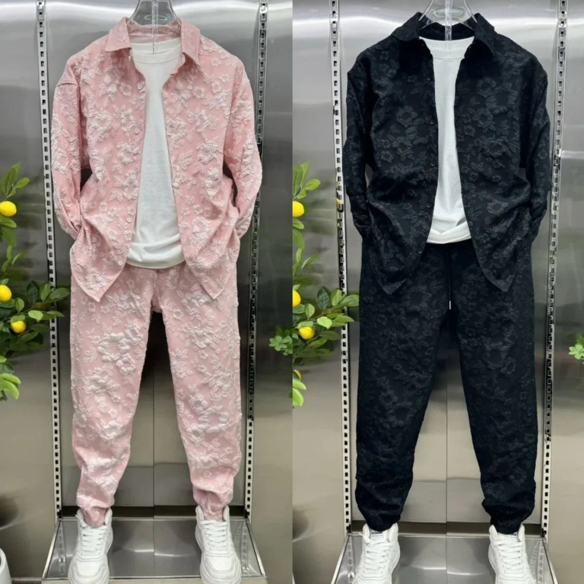 Ensemble Veste et pantalon en Jacquard gaufré tridimensionnel pour hommes, mode automne, costume deux pièces pour loisirs et sport