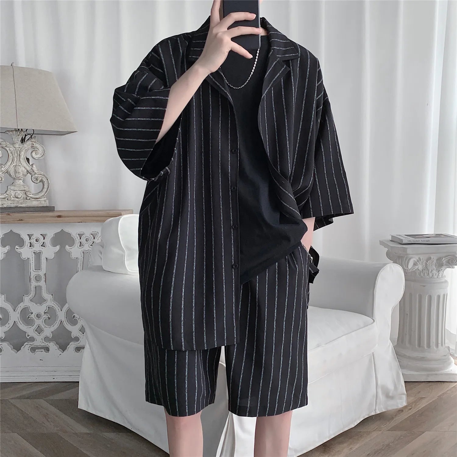 Ensemble de shorts assortis pour hommes, chemises à lettres rayées, tenues à imprimé floral, manches courtes, taille élastique, mince, surdimensionné, été