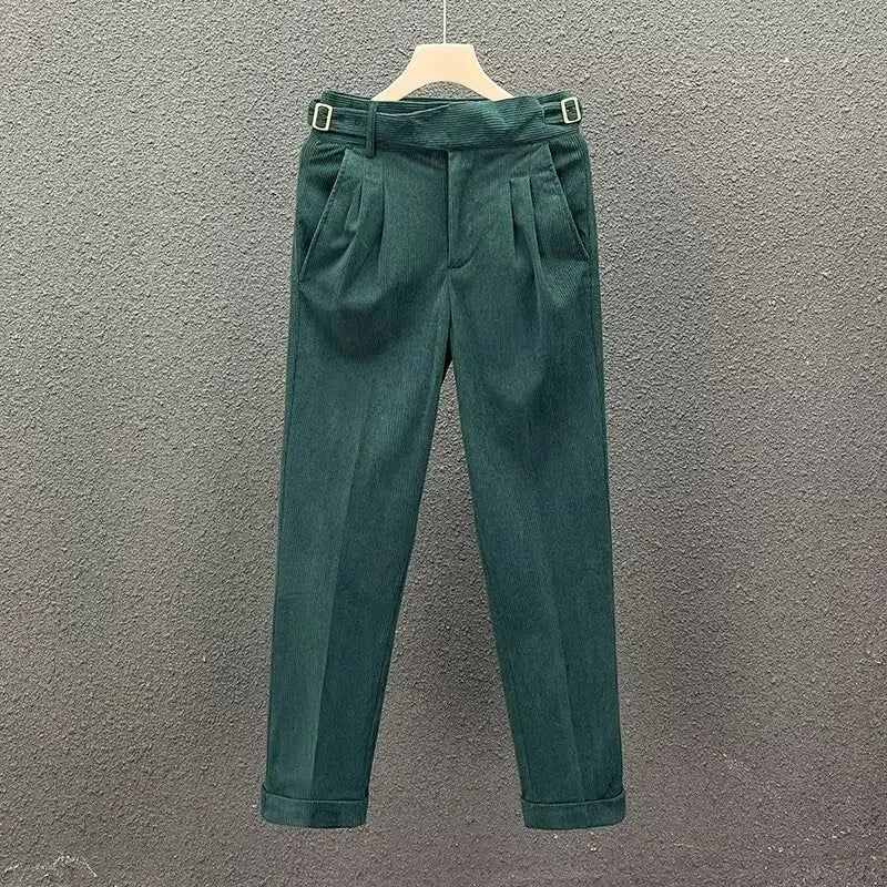 Pantalon de costume en velours côtelé taille haute, Style italien, revers, jambe droite, mode automne hiver,Design Naples Vintage