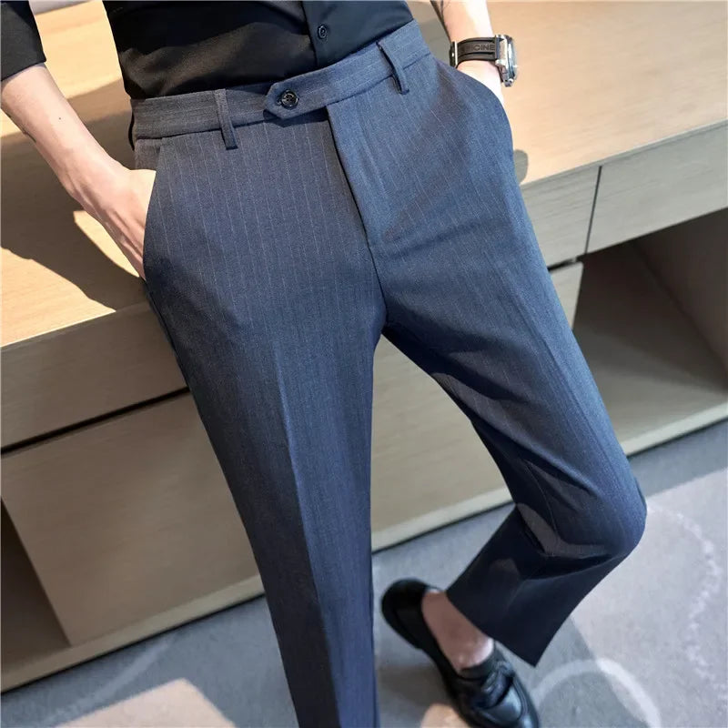 Pantalons décontractés à rayures noires pour hommes, trempés, vêtements de cérémonie pour hommes, robe de mariée, style britannique, affaires, boutique, qualité fjQuality