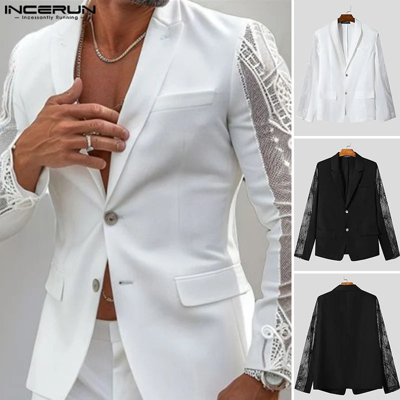 Mode Style décontracté hauts INCERUN nouveaux hommes Perspective dentelle épissage conception costume manteaux mâle solide à manches longues Blazer S-5XL 2024