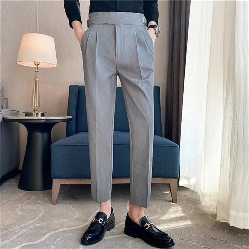 Style britannique hommes taille haute tenue décontractée pantalon hommes ceinture conception mince pantalon formel bureau Social robe de soirée de mariage costume pantalon