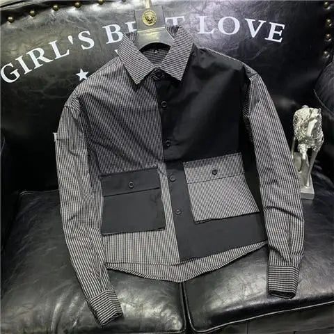 Chemise Simple à manches longues pour hommes, avec blocage de couleur, tendance et beau, vêtements d'extérieur haut de gamme, Patchwork, veste supérieure cintrée