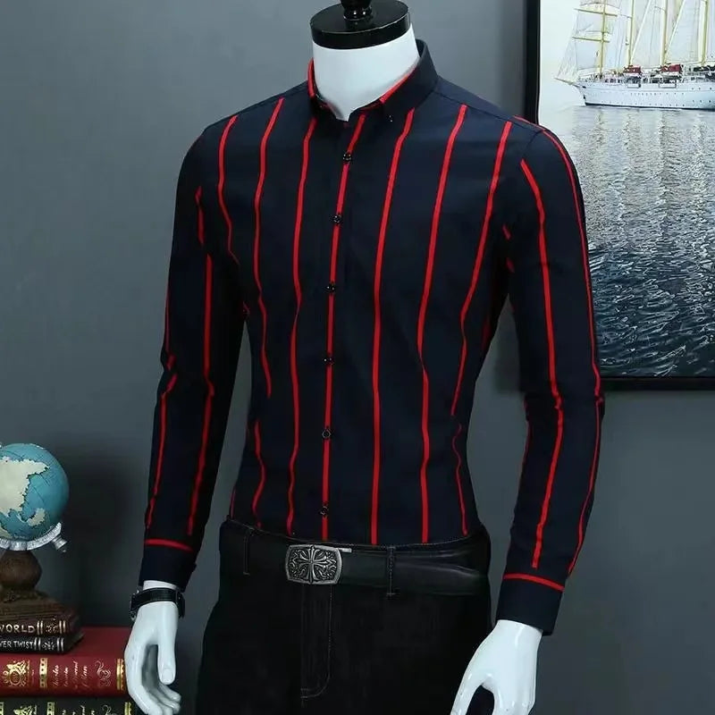 Chemise habillée classique à rayures pour hommes, chemises d'affaires à manches longues, coupe cintrée, grande taille M-5XL