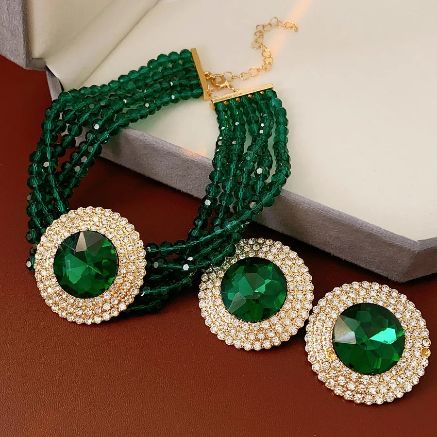 Ensemble de bijoux ronds en verre strass incrusté vert pour femmes, collier, lumière émeraude, luxe, chaîne de clavicule, boucles d'oreilles, ensemble de mariage