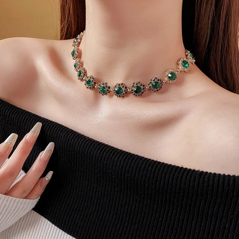 Collier de fleurs en strass pour femmes, cercle vert, Bracelet Vintage médiéval, luxe français, boucles d'oreilles délicates, ensembles de bijoux, vente en gros