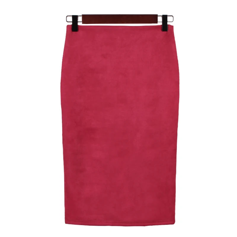 Jupe crayon taille haute moulante pour femme Vintage daim fendu épais extensible couleur unie