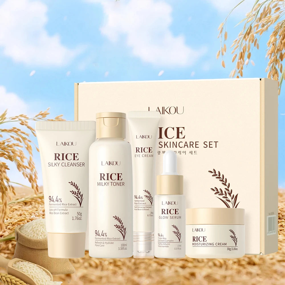 Ensemble de soins pour la peau, extrait de riz, Niacinamide, acide hyaluronique, hydratation douce 24H pour toutes les peaux, hommes et femmes, visage, corps, vacances quotidiennes, 5 pièces