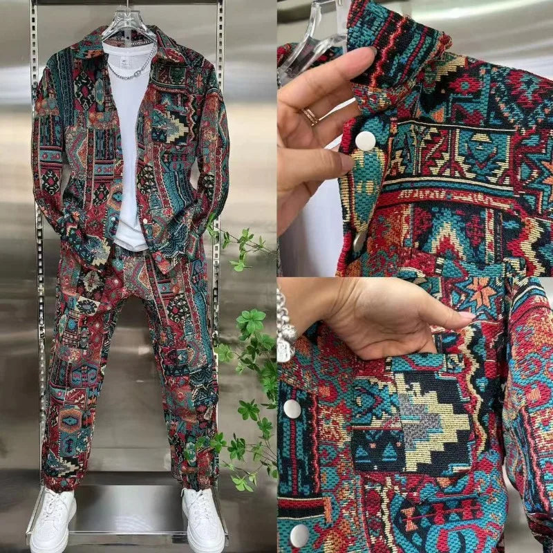 Ensemble pour homme Printemps chemise décontracté veste imprimé couleur Jacquard revers + pantalon