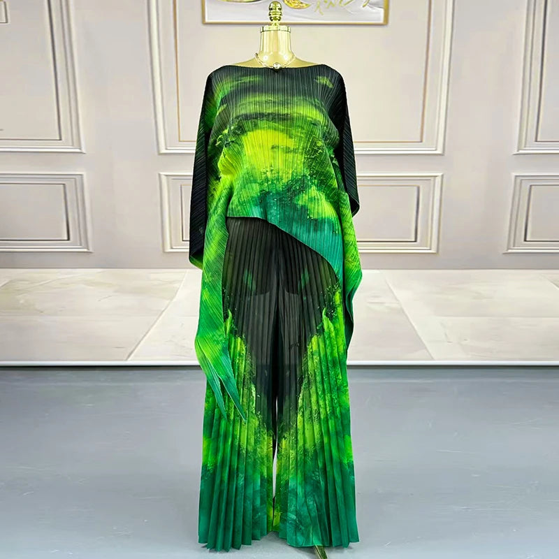 Ensemble femme Chic impression plissée  deux pièces pull irrégulier haut et taille élastique pantalon à jambes larges collection 2026