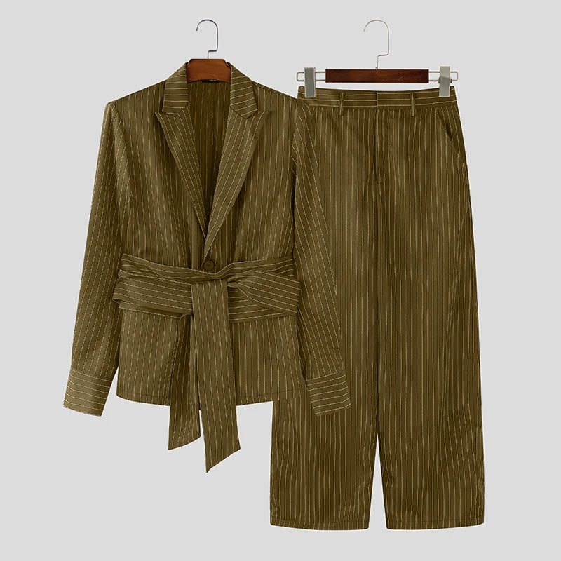 Ensemble homme  Striped Sets Elegant Long Sleeve Lace Up Blazer & Pants Two Pieces Sets Streetwear Loose Fashion Casual Men's Suits