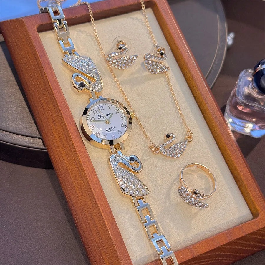 Ensemble Montre de luxe en diamant incrusté de perles pour femmes, cadeau pour femmes, collier, boucles d'oreilles, bague, montre-bracelet élégante, Suite de quatre pièces