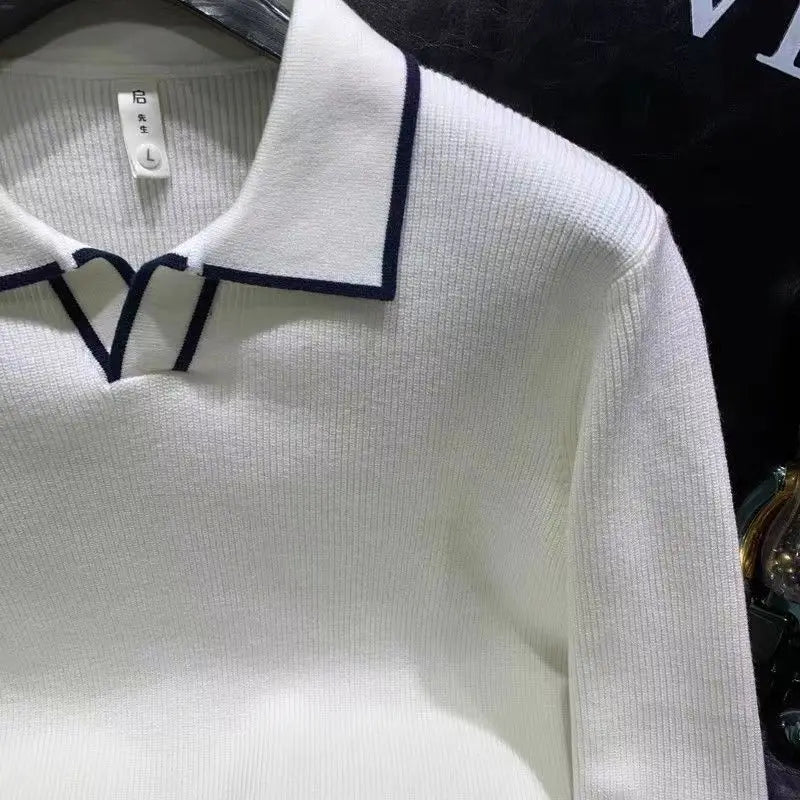 Pull pour  hommes tricot à manches longues solide haute qualité polo d'affaires coupe ajustée,hauts de qualité