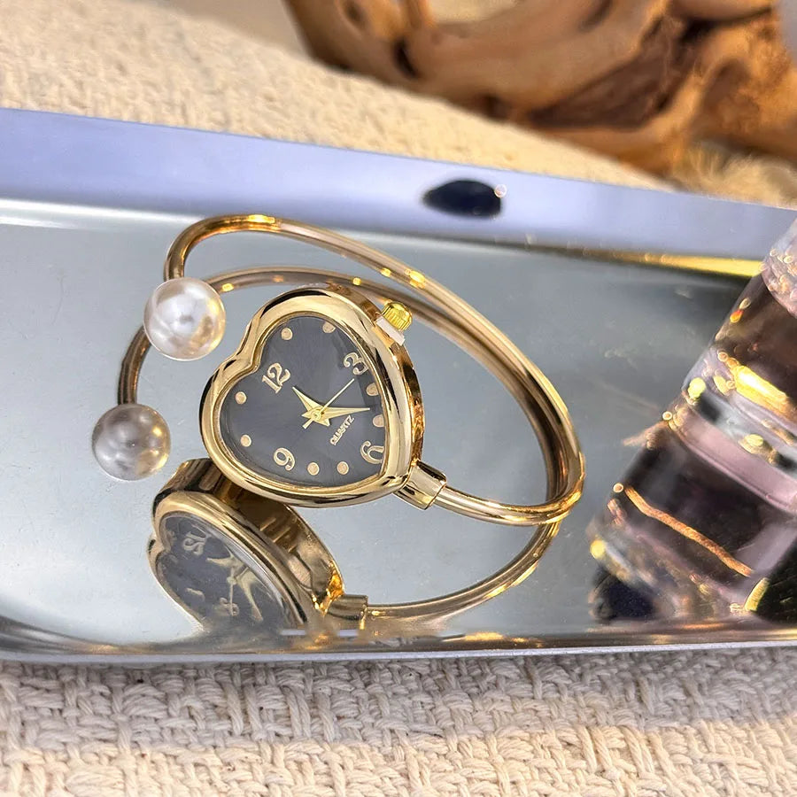 Montre Style Bracelet conception ouverte perle amour montre à Quartz, forme de coeur délicate, montre pour femme Portable nouveau style