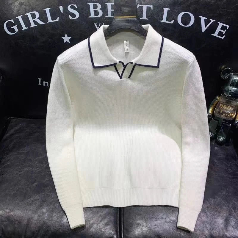 Pull pour  hommes tricot à manches longues solide haute qualité polo d'affaires coupe ajustée,hauts de qualité