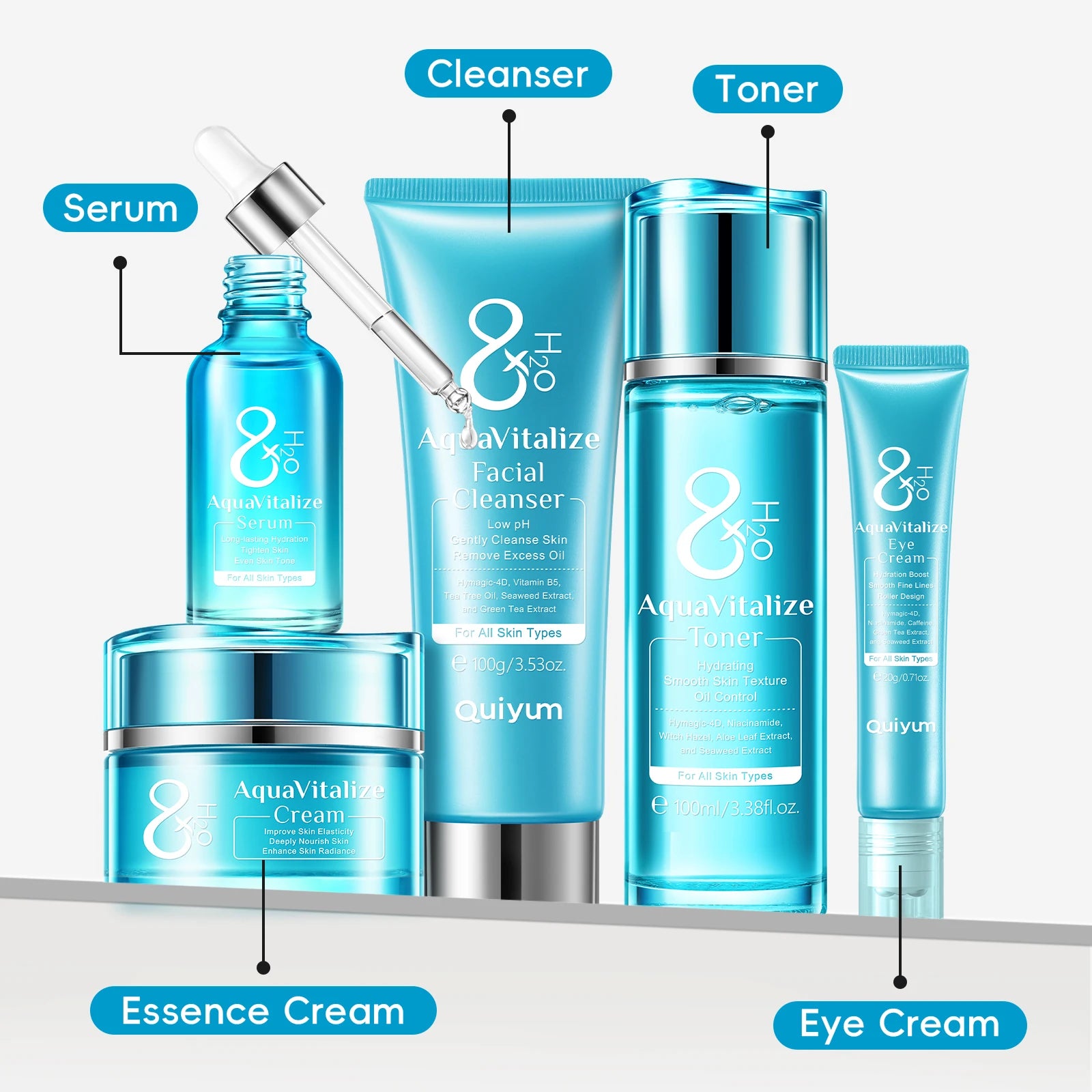 QUIYUM 8X H2O AquaVitalize ensemble de soins de la peau 5 pièces Kit d'hydratation profonde lissage des rides traitement de serrage coffret cadeau