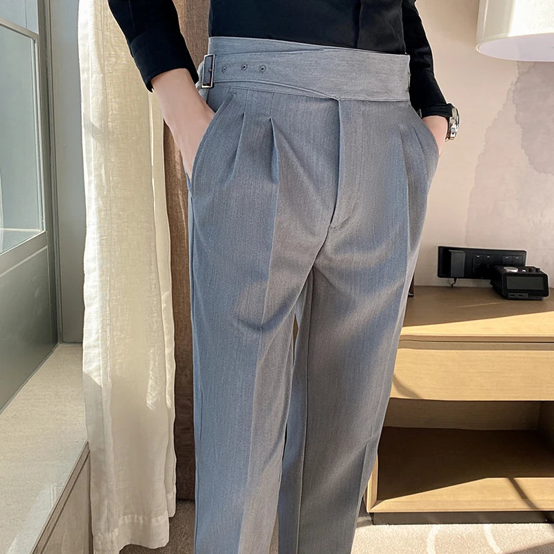 Style britannique hommes taille haute tenue décontractée pantalon hommes ceinture conception mince pantalon formel bureau Social robe de soirée de mariage costume pantalon