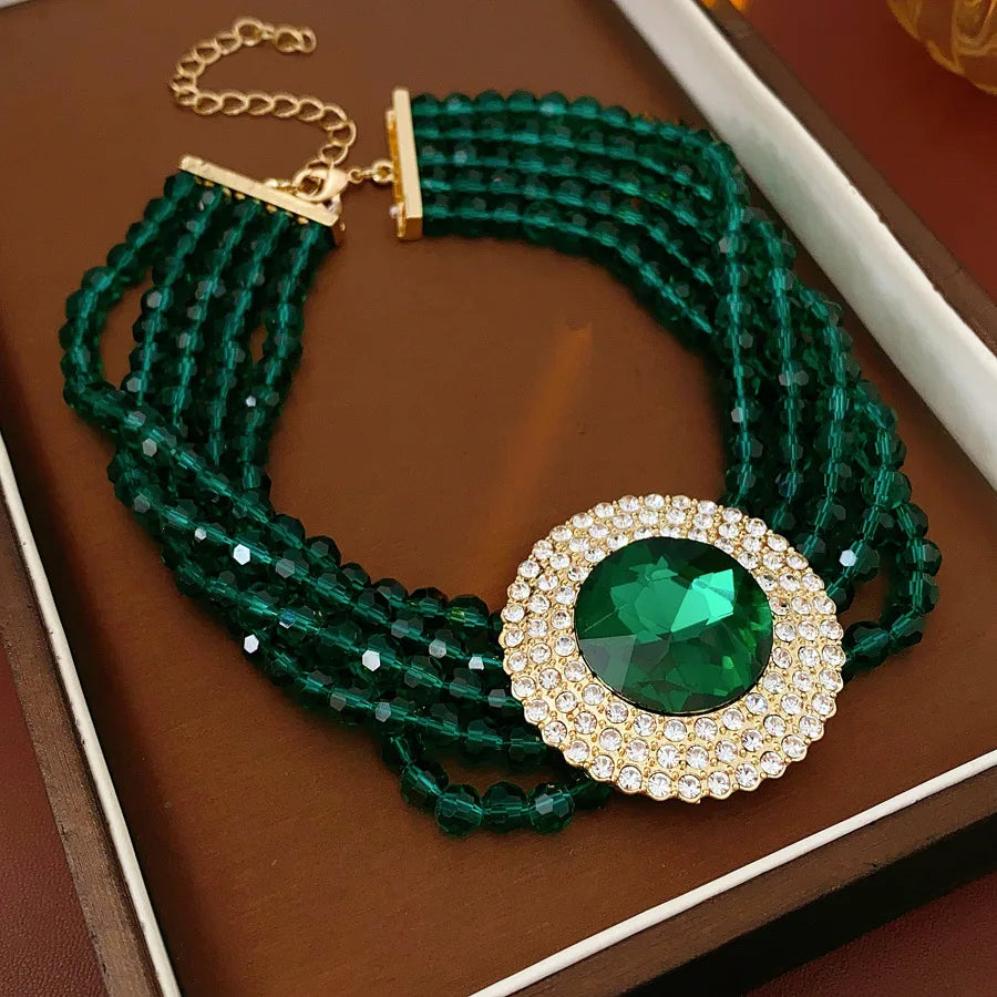 Ensemble de bijoux ronds en verre strass incrusté vert pour femmes, collier, lumière émeraude, luxe, chaîne de clavicule, boucles d'oreilles, ensemble de mariage