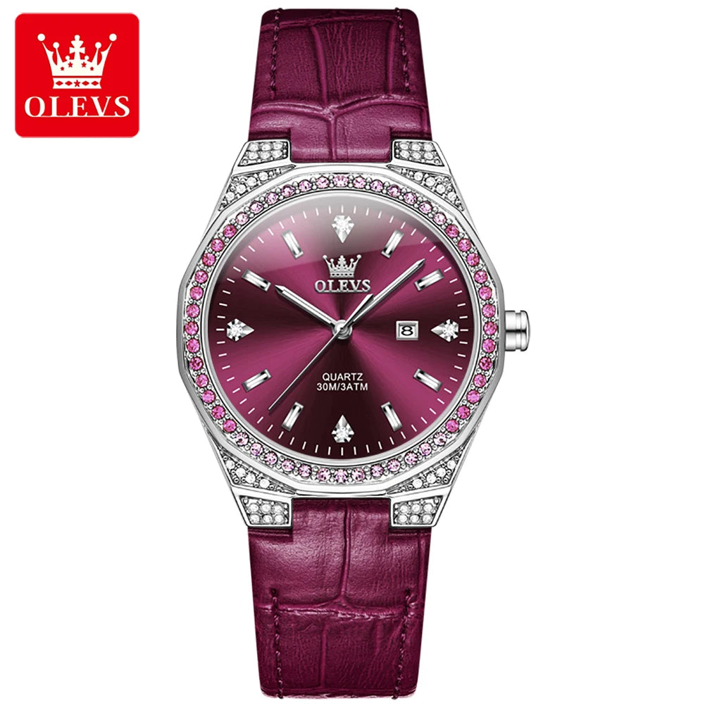 OLEVS Original femmes montres diamant tour mode bracelet en cuir 3m étanche lumineux dames montre-bracelet montre à Quartz pour les femmes