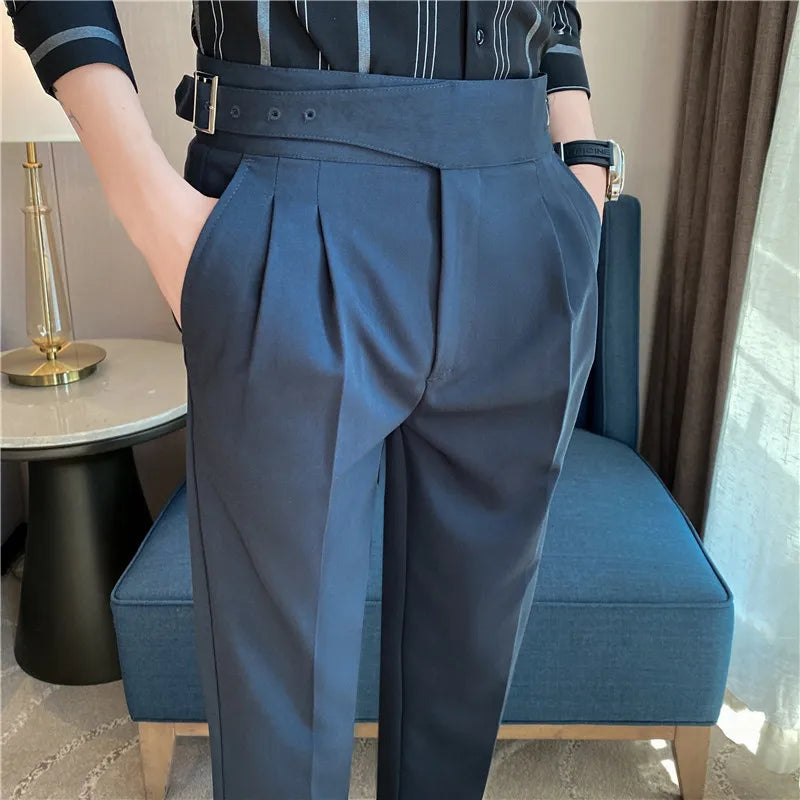Style britannique hommes taille haute tenue décontractée pantalon hommes ceinture conception mince pantalon formel bureau Social robe de soirée de mariage costume pantalon