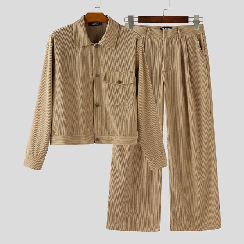 Ensembles velours côtelé pour homme,couleur unie revers manches longues vestes et pantalons  décontractés