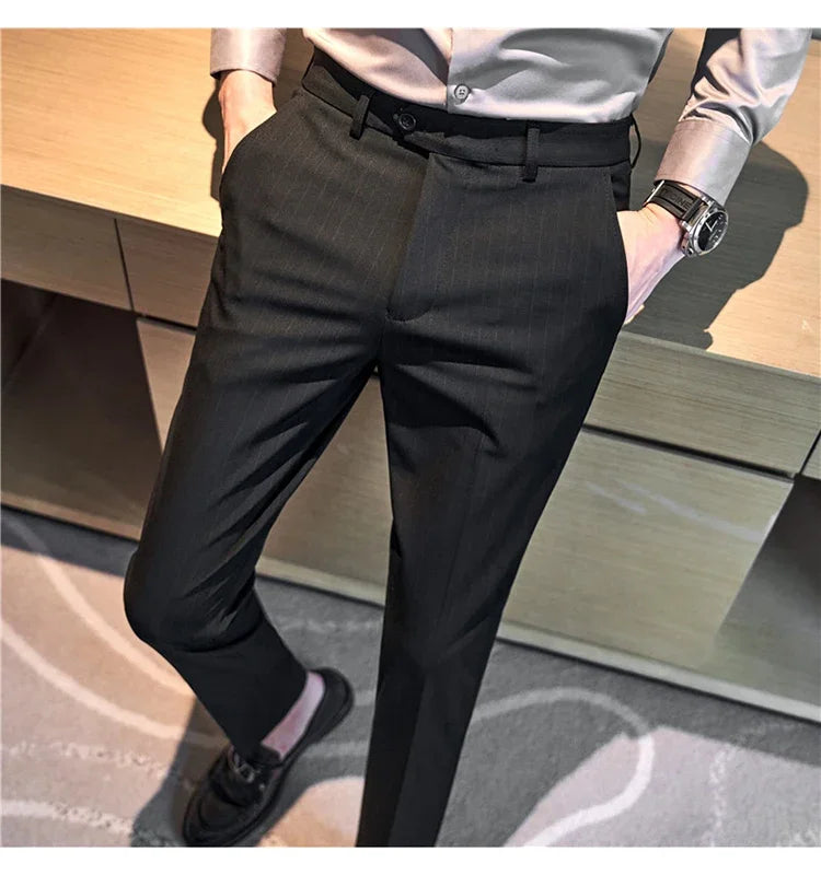Pantalons décontractés à rayures noires pour hommes, trempés, vêtements de cérémonie pour hommes, robe de mariée, style britannique, affaires, boutique, qualité fjQuality