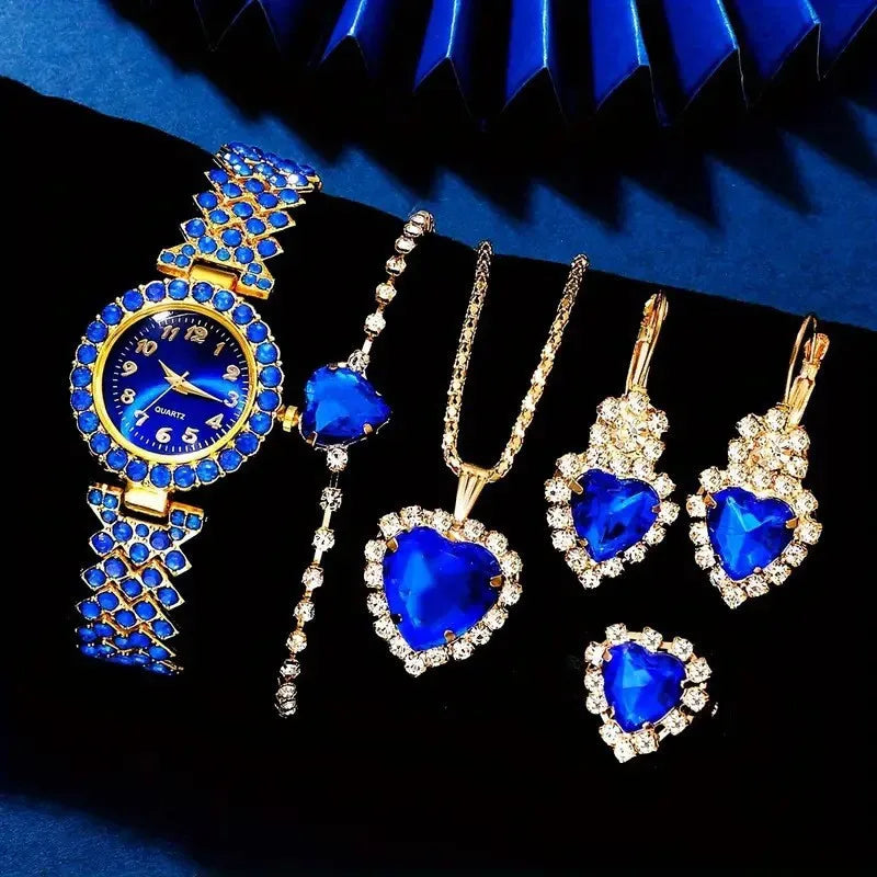 6 pièces/ensemble montre pour femme mode plein diamant Bracelet en acier pointeur montre à Quartz collier Bracelet boucles d'oreilles ensemble de bijoux (sans boîte)