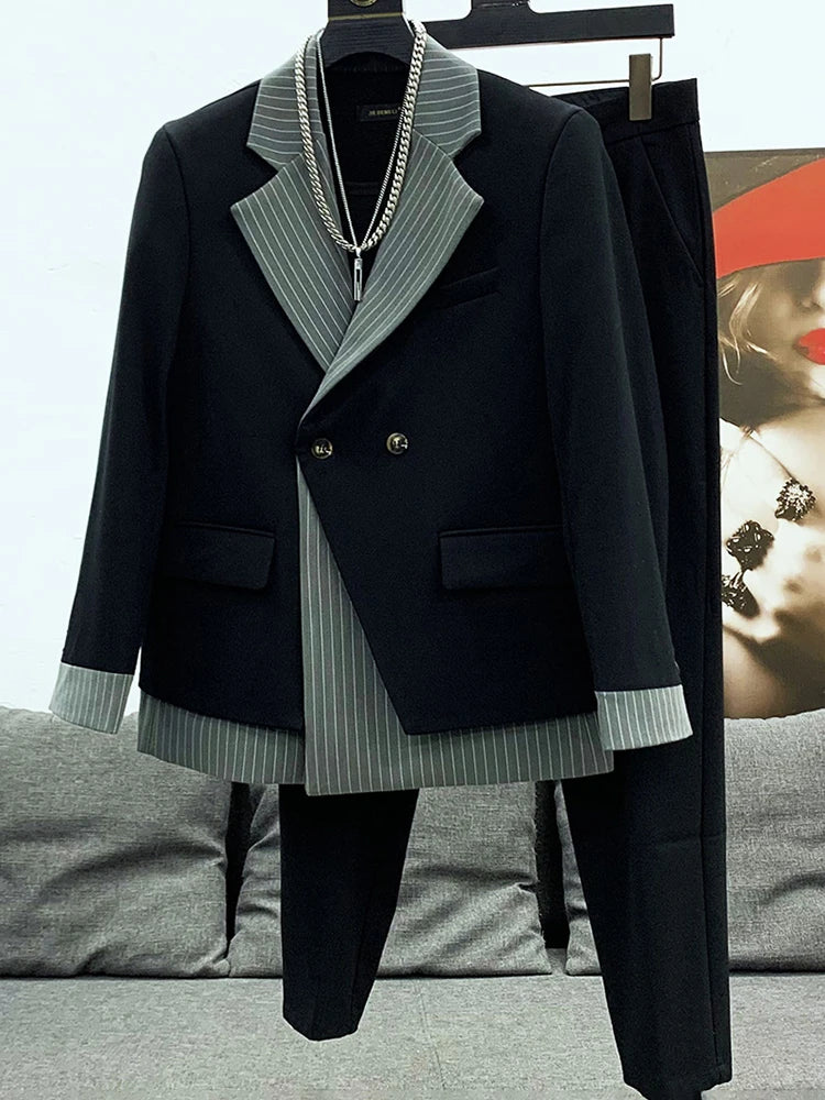 Ensemble élégant Blazer Design à la mode hommes costumes rayure Patchwork col vestes pantalon ensemble élégant haute qualité vêtements