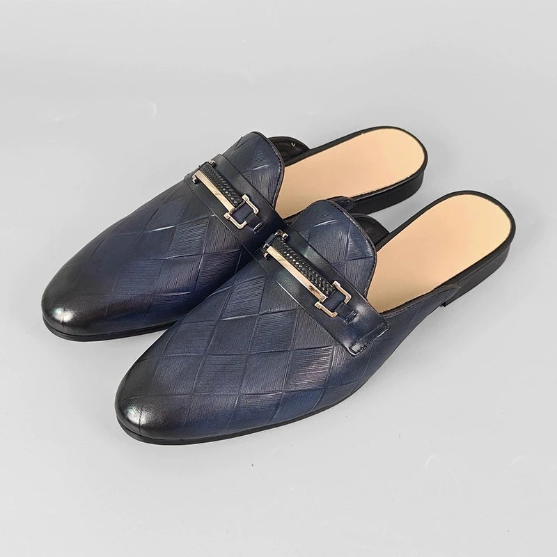 Mules plates pour hommes, pantoufles à enfiler en cuir de vache véritable, mocassins de luxe à motif Gerling, demi-chaussures fermées à bout pointu