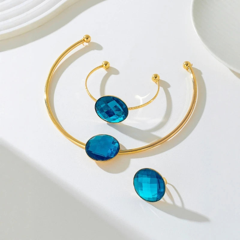 Ensemble bracelet, bague et collier en pierre bleue, accessoires de bijoux simples à la mode, cadeau de fête, nouveau Style 2025